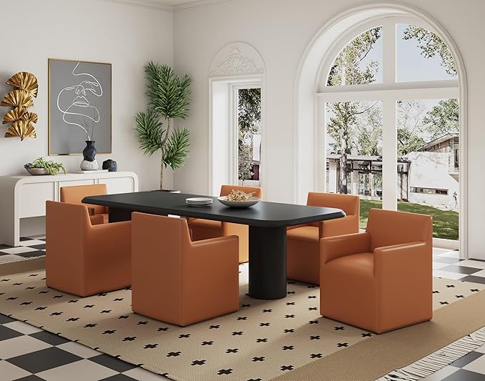 Manhattan Comfort Anna Square Modern Dining Chair with Arms, Head-to-Toe Faux Leather Upholstered Accent Armchair with Plastic Foot Padding, Set of 2, Saddle