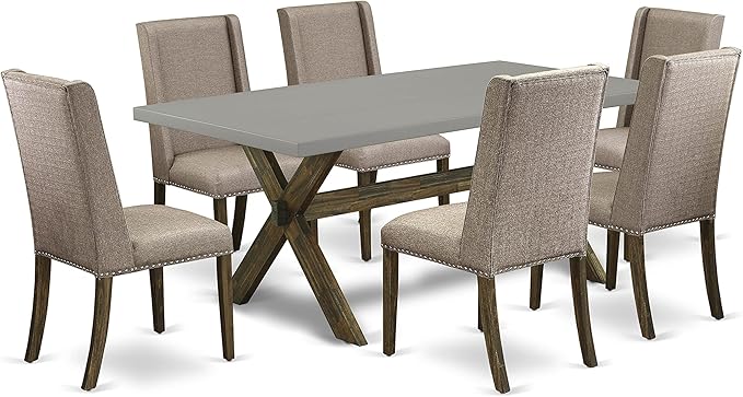 East West Furniture X797FL716-7 7 Piece Dining Table Set Consist of a Rectangle Kitchen Table with X-Legs and 6 Dark Khaki Linen Fabric Upholstered Chairs, 40x72 Inch, Multi-Color