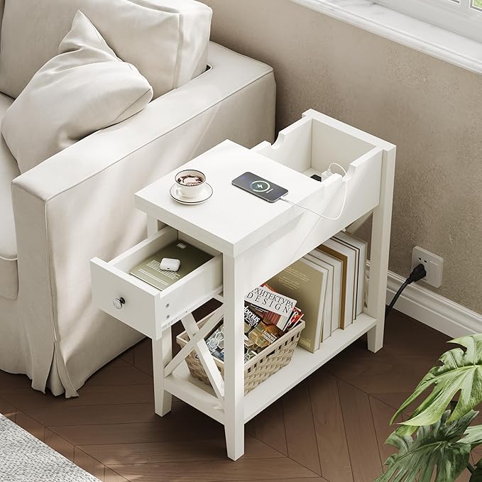 ChooChoo End Table with Charging Station, Narrow Side Table with USB Ports and Outlets, Nightstand with Drawer, for Small Spaces, Bedside Tables for Living Room White