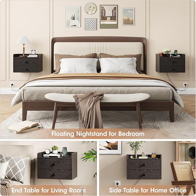 Floating Nightstand Set of 2 with 2 Storage Drawers and Charging Station Wood Wall Mounted Bedside End Table Modern Night Stands Set 2 for Bedroom,Small Space,Black