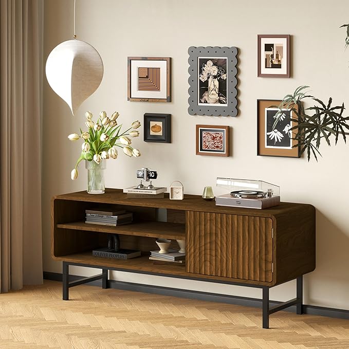 TV Stand,Mid Century Modern Entertainment Center with 2 Open Shelves，Farmhouse TV Media Console Table for Living Room,Bedroom,Television Stand up to 50 Inches,Black Walnut