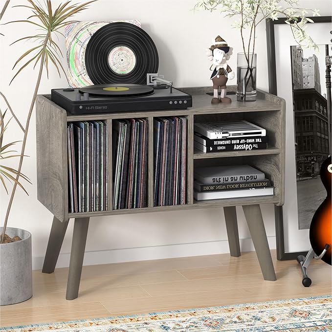 Forevich Record Player Stand Table with Vinyl Storage Holder Large Turntable Record Stand with Power Outlet Holds Up to 220 Albums Display Shelf Cabinet with Wood Legs for Living Room Oak