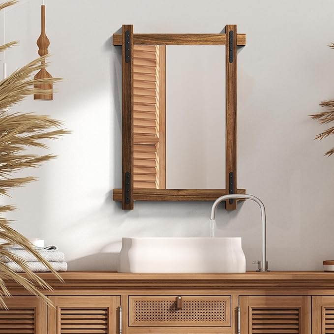 YOSHOOT Farmhouse Wood Bathroom Mirror, 40"x30" Rustic Wall Mirror, Round Corner Vanity Mirror for Decor, Vertical or Horizontal Hanging, Selected Wood, 100% Handmade