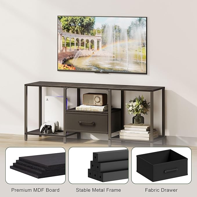 TV Stand with Fabric Drawer for 55 Inch TV, Entertainment Center with Open Shelves, Media TV Console Table for Living Room, Bedroom, Black