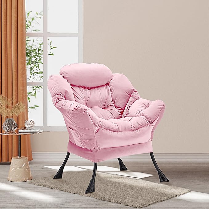 Lazy Chair Thick Padded, Comfy Velvet Accent Lounge Chair with Stable Frame, Leisure Sofa Armchair with Armrests and Side Pocket, Reading Chair for Bedroom, Living Room, Office, Pink