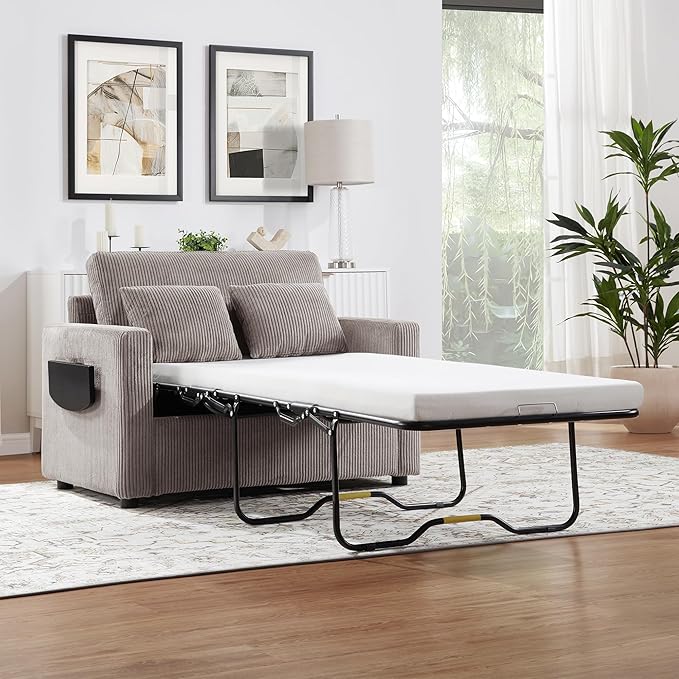 Twin Size Sofa Bed 47.2" Sleeper Sofa Loveseat Sofa with a Foldable Mattress, a Foldable Side Table, a Side Storage Pocket and Two USB Ports for Living Room, Grey-Brown