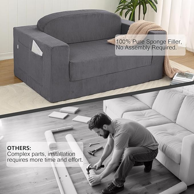 MeMoreCool Convertible Sofa Bed, Pull Out Loveseat Sleeper Sofa, Small Boneless Cloud Couch Bed for Adults, Fold Out Foam Love Seat Grey, Corduroy Folding Floor Couch for Bedroom