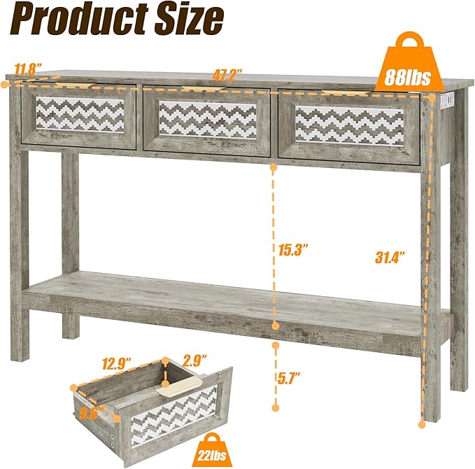 Entryway Table, Rattan Console Table with 3 Storage Drawers and Storage Shelf, Sofa Table with Socket, for Entryway, Living Room, Behind Couch and Hallway (Grey)