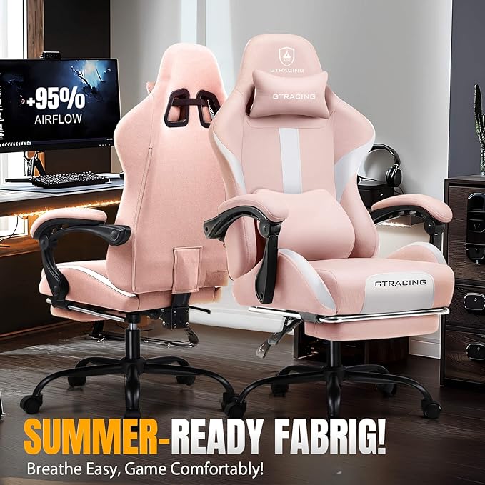 GTRACING Gaming Chair with Foot Rest & Pocket Spring Cushion, Breathable Fabric for Home Office Desk, Ergonomic High Back Computer Chair with Headrest & Lumbar Support, Pink