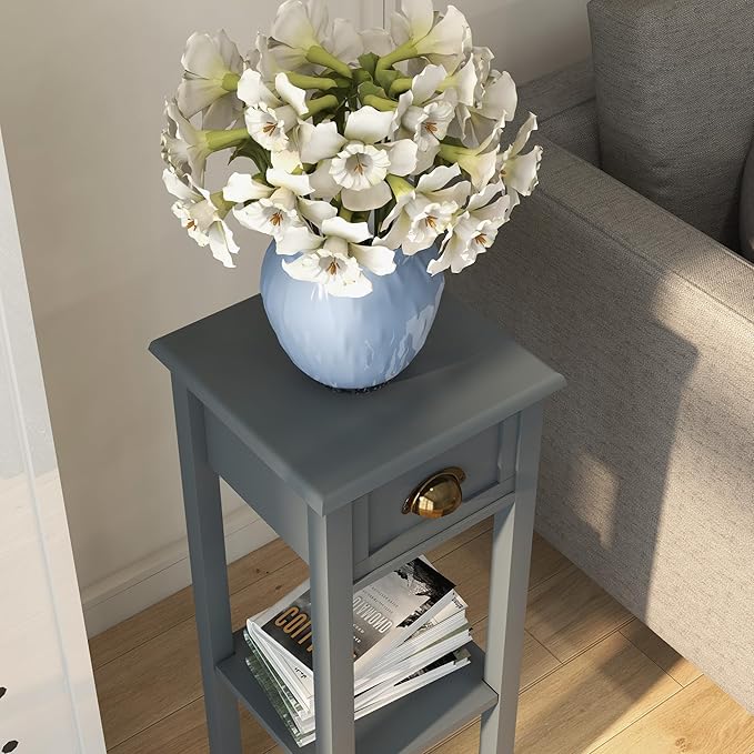 HOMCOM 2-Tier Side Table with Drawer, Narrow End Table with Bottom Shelf, for Living Room, Set of 2, Gray