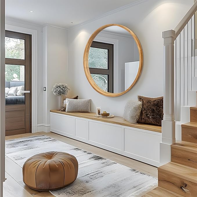 36" Bathroom Mirror, Round Wall Mirror with Wood Frame, Farmhouse Mirror for Wall Decor, Wall-Mounted Mirror for Bedroom, Living Room, Wood