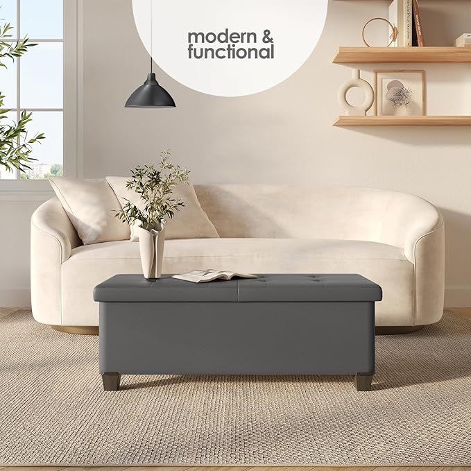 STORAGEBUD Storage Ottoman Bench with Bins, 43-in Storage Bench for Bedroom End of Bed, Folding Foot Rest Ottoman for Living Room Max 660lbs, Faux Leather Ottomans, Grey