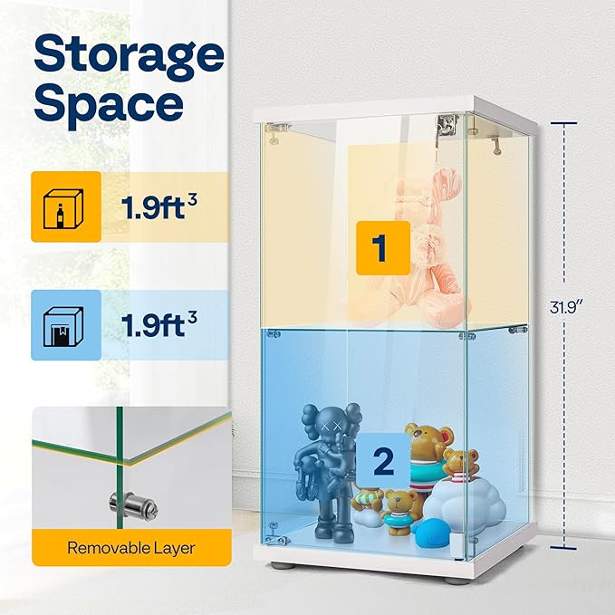 VIVOHOME 2 Layers 15.7''W x 15.7''D x 31.9''H Glass Display Cabinet Showcase Countertop with Lock, Tempered Glass 25mm MDF Base