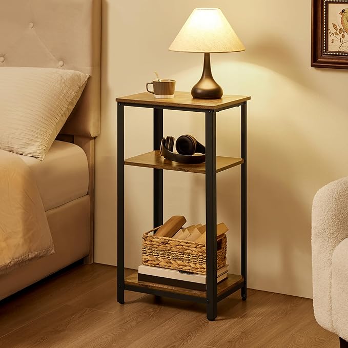 Yaheetech Tall End Table Set of 2, 16x12x29.5 inch Industrial Side Table with Strong Wooden Shelves, 2PCS Slim 3-Tier Telephone Table with Metal Frame for Living Room, Small Places - Rustic Brown