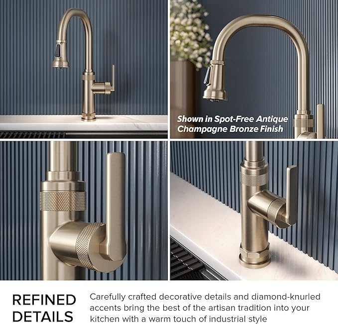 KRAUS Allyn Industrial Pull-Down Single Handle Kitchen Faucet in Spot-Free Antique Champagne Bronze, KPF-4102SFACB