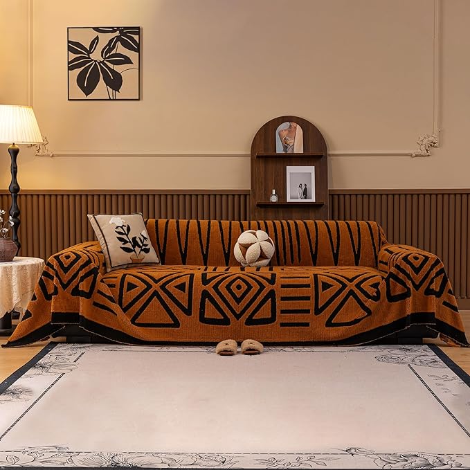 HANDONTIME Sofa Covers for Couch Pet-Friendly Caramel Black Couch Cover for Dogs Shu Velveteen Short Plush Sofa Covers for 3 Cushion Couch Boho Brunt Orange Furniture Protector Washable, 71" X118"