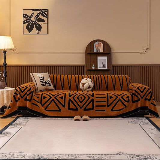 HANDONTIME Sofa Covers for Couch Pet-Friendly Caramel Black Couch Cover for Dogs Shu Velveteen Short Plush Sofa Covers for 3 Cushion Couch Boho Brunt Orange Furniture Protector Washable, 71" X118"