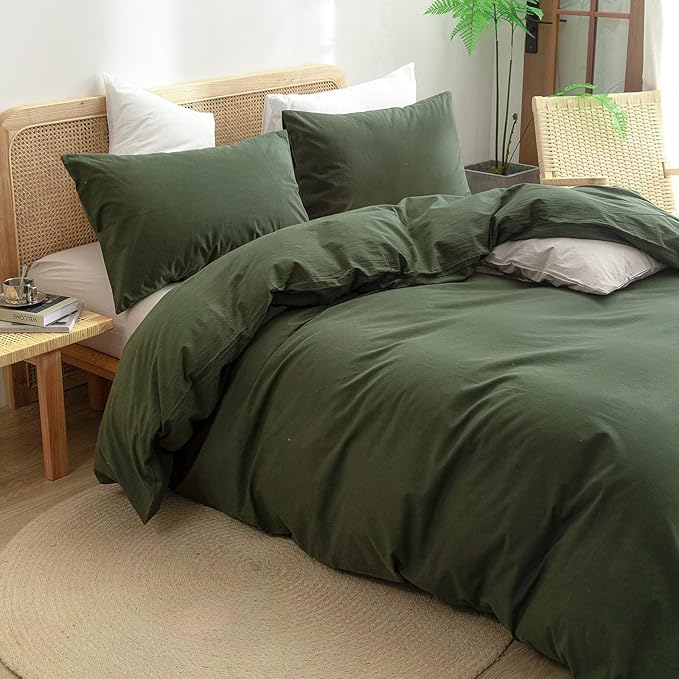 BESTOUCH Duvet Cover Set 100% Washed Cotton Linen Feel Super Soft Comfortable Chic Lightweight 3 PCs Home Bedding Set Solid Olive Green Oversized Full