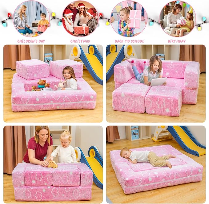 Lamerge Toddler Couch Glow in The Dark Toddler Fold Out Couch for playroom, Convertible Baby Fold Out Play Foam and Floor Cushion for Bedroom (Pink+Clouds)