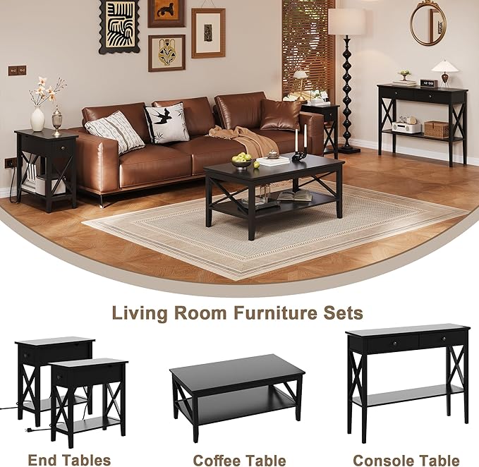 ChooChoo End Table Set of 2 with Charging Station, Narrow End Table with USB Ports and Outlets, Small Side Table Nightstand with Drawer for Living Room, Bedroom, Black