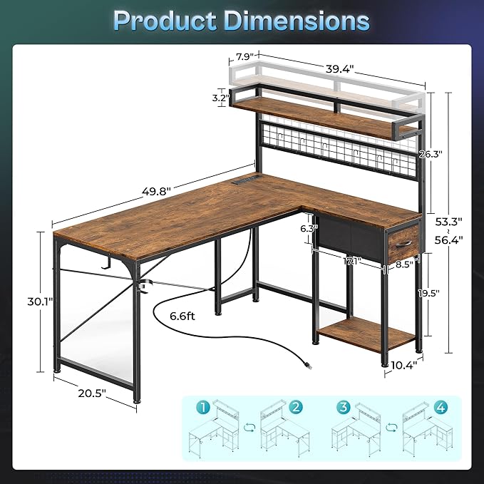 PRAISUN L Shaped Gaming Desk with Shelves, Corner Computer Table with LED Lights, Power Outlets and USB-C Ports, 50 Inch Reversible Home Office Desk with Storage Drawer, Work and Study, Rustic Brown