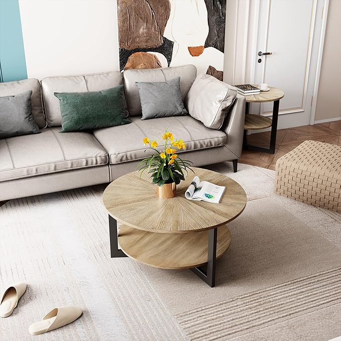 MODERION Round End Table with Storage - Solid Wood & Metal Frame - Corner & Beside Table - Easy Assembly - Living Room, Office & Entryway - Rustic Natural Finish