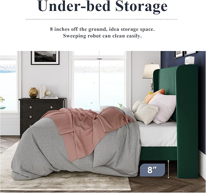 Allewie Queen Size Bed Frame/Velvet Upholstered Platform Bed/Vertical Channel Tufted Wingback Headboard/Strong Wooden Slats/No Box Spring Needed/Easy Assembly/Green