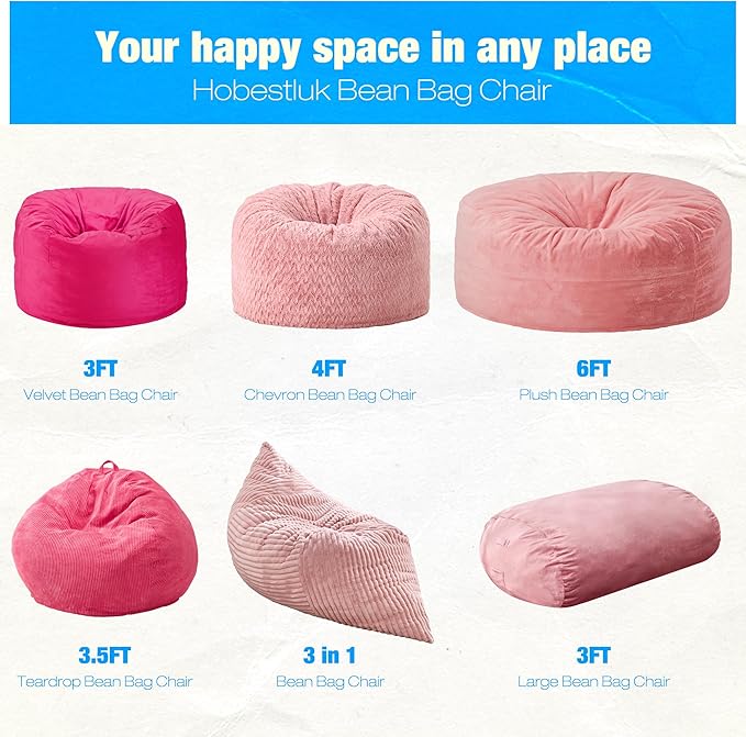 Hobestluk 3FT Bean Bag Chair Large Beanbag with Removable Cover Adult Bean Bag Chair with Portable Handle Desgin for Living Room Bedroom (Pink, 3FT)