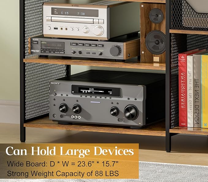 Large Record Player Stand Table with Vinyl Record Holder Up to 150PCS, AV Media Stand Stereo Cabinet Shelf Rack Tower with Storage, Sturdy, Adjustable Feet, Rustic, Large Capacity