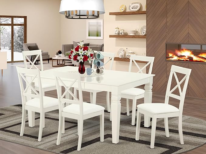 East West Furniture LGBO7-LWH-LC 7 Piece Dining Set Consist of a Rectangle Dining Room Table with Butterfly Leaf and 6 Faux Leather Upholstered Chairs, 42x84 Inch, Linen White