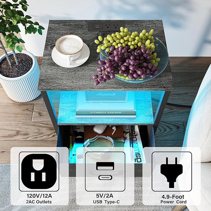 TUTOTAK LED End Table with Charging Station, Nightstand with Cloth Drawer, Side Table with 1 USB Port and 1 Type-C Port, Set of 2, Couch Table, Charcoal Grey TB01BY052L