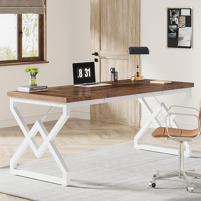 Tribesigns 63 Inch Executive Desk, Large Office Desk with Metal Frame, Ergonomic Writing Desk Computer Workstation, Modern Wood Computer Desk for Home Office, Easy Assembly (Brown+White)