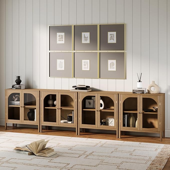 Nathan James Mason TV Stand, Free Standing Accent Sideboard Buffet, Credenza with Glass Doors and Adjustable Shelf in Brushed Light Brown Wood for Dining Room, Entryway and Living Room, Set of 4