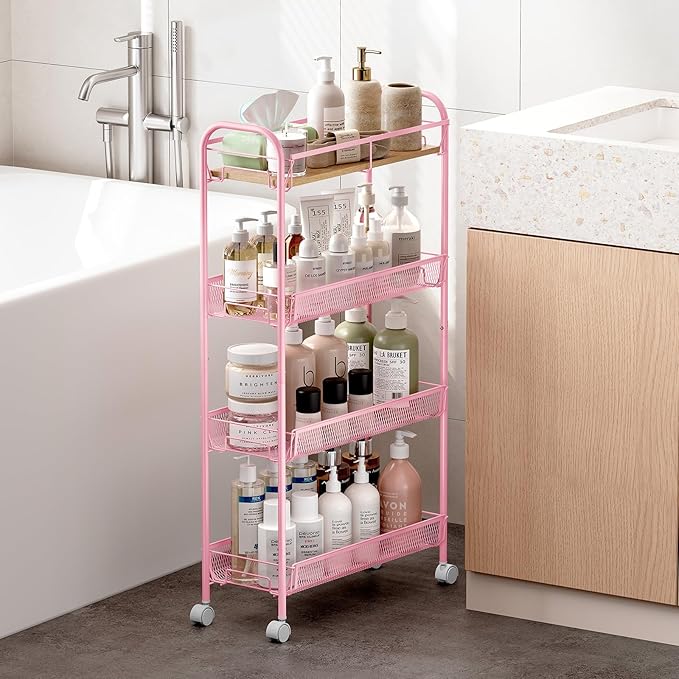 KINGRACK Metal Slim Rolling Cart,4-Tier Metal Utility Cart,Storage Cart with Wooden Tabletop, for Narrow Space on Laundry Bathroom Kitchen Room Bedroom Apartments Dormitory (Pure Pink, Slim)