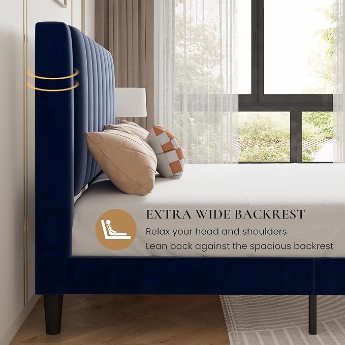 SHA CERLIN Twin Bed Frame/Velvet Upholstered Platform Bed Frame with Headboard/Strong Wood Slats Support/Mattress Foundation/No Box Spring Needed - Dark Blue