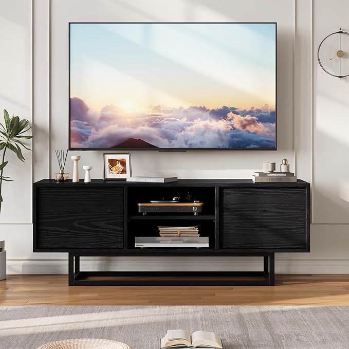HAIOOU TV Stand for 50 55 Inch TV, Modern TV Console Small Entertainment Center with Sturdy Metal Base, Push-to-Open Doors and Soft-Close Hinges for Living Room, Bedroom - Wood Grain Black