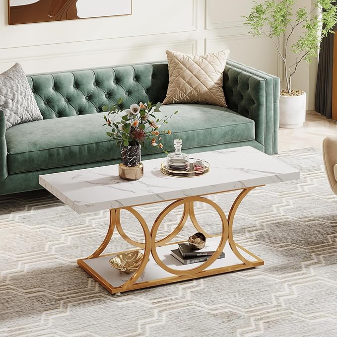 Tribesigns Rectangle Coffee Table, 46.45-inch Modern Coffee Tables for Living Room, 2-Tier Faux Marble Wood Coffee Table with Geometric Legs, Furniture with Storage Shelf (White & Gold)