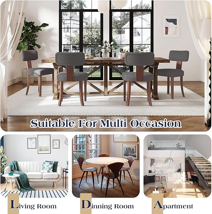 Farmhouse Chair Set of 2, Mid Century Modern Dining Chairs, Sherpa Upholstered Kitchen Chairs with Curved Backrest & Adjustable Legs for Living Room/Bedroom, Easy to Install, Grey Sherpa