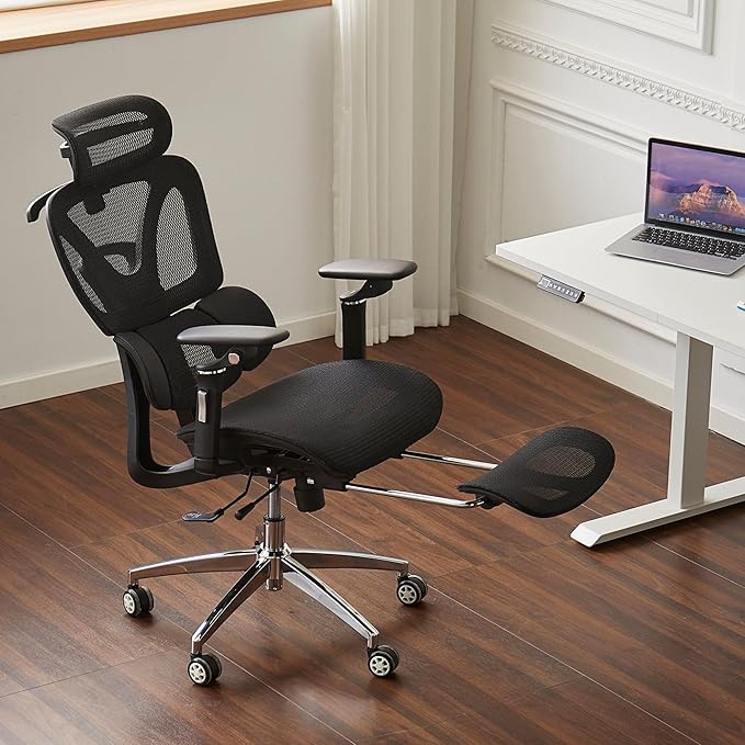 Ergonomic Mesh Office & Gaming Chair with Footrest, High Back Home Office Desk Chair, Comfortable 3D Lumbar Support, 130° Tilt, Adjustable Seat Depth, Adjustable 6D Armrest & 3D Headrest