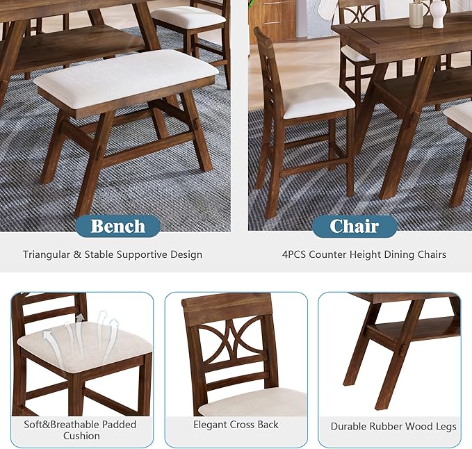 Merax 6 Piece Wood Counter Height Dining Table Set with Storage Shelf, Beige Cushion, Kitchen Table Set with Bench and 4 Chairs, Rustic Style, Walnut