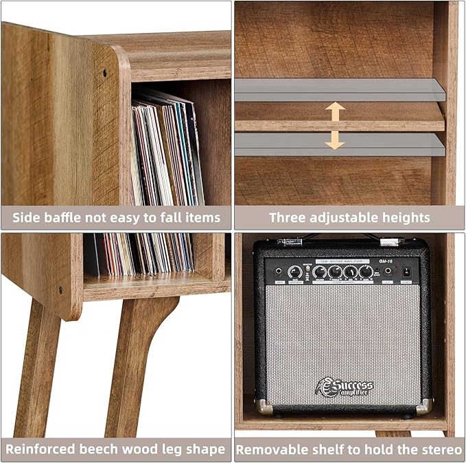 Lerliuo Record Player Stand with 4 Cabinet Holds Up to 220 Albums, Large Turntable Stand with Beech Wood Legs, Mid-Century Record Player Table