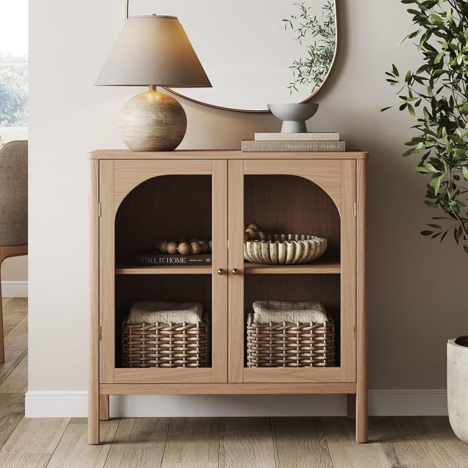 Nathan James Mason Modern Farmhouse Storage Cabinet, Free Standing Accent Sideboard Buffet, Cabinet with Glass Doors and Adjustable Shelf, Clear Glass/Raw Oak