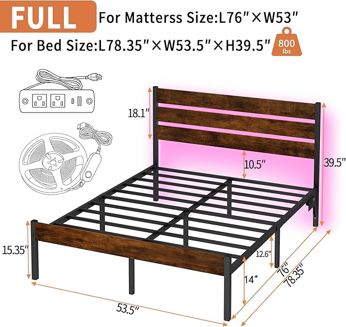 Full Size Bed Frame with Headboard,Heavy Duty LED Bed Frame with USB Charging Station,Mattress Foundation-Under Bed Storage, No Box Spring Needed, Noise Free,Brown