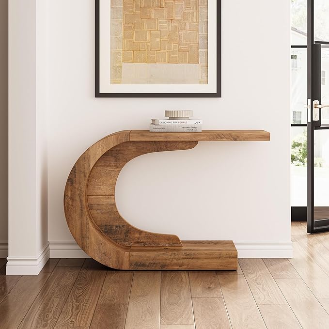 LITTLE TREE 43.3 Inches Farmhouse Console Table, 2-Tier C-Shaped Sofa Table Behind The Couch, Wooden Entryway Table Narrow Hallway Foyer Table for Living Room, Entrance, Brown