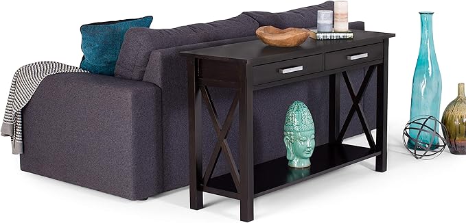 SIMPLIHOME Kitchener Console Table - 47 Inch Wide Solid Wood Sofa Table in Hickory Brown, Contemporary Storage Table for Entryway or Living Room with 2 Drawers, Bottom Shelf, and X-Design Side Panels