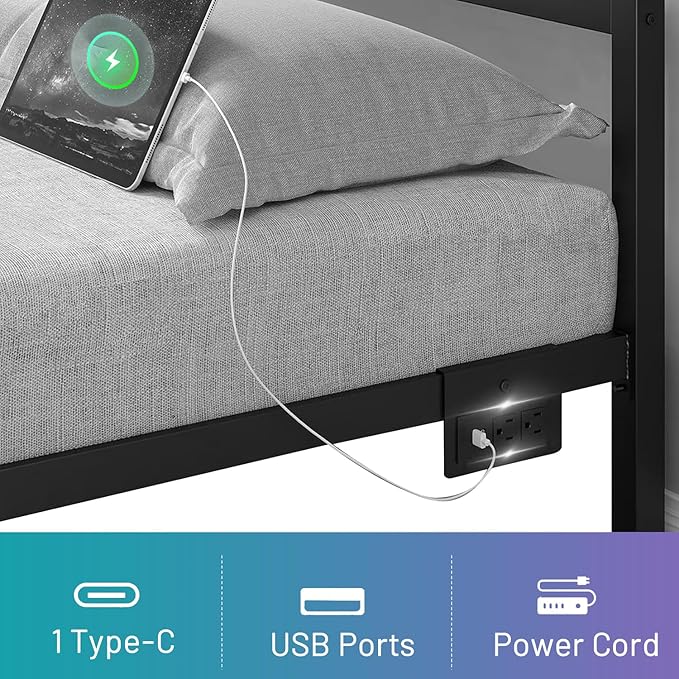 Queen Bed Frame with Headboard,Heavy Duty Steel Slats Support-LED Bed Frame with USB Charging Station,Mattress Foundation-Under Bed Storage,No Box Spring Needed,Noise Free，Black