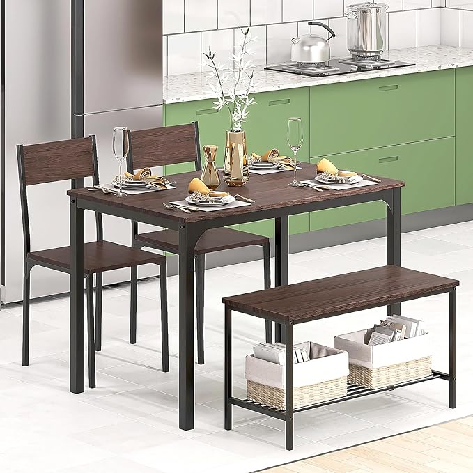 SogesHome Kitchen Table Set for 4, Compact Dining Table Chair Set with Bench, 4 Piece with Built-in Storage Racks, Metal Frame, for Apartment, Restaurant, Dark Brown