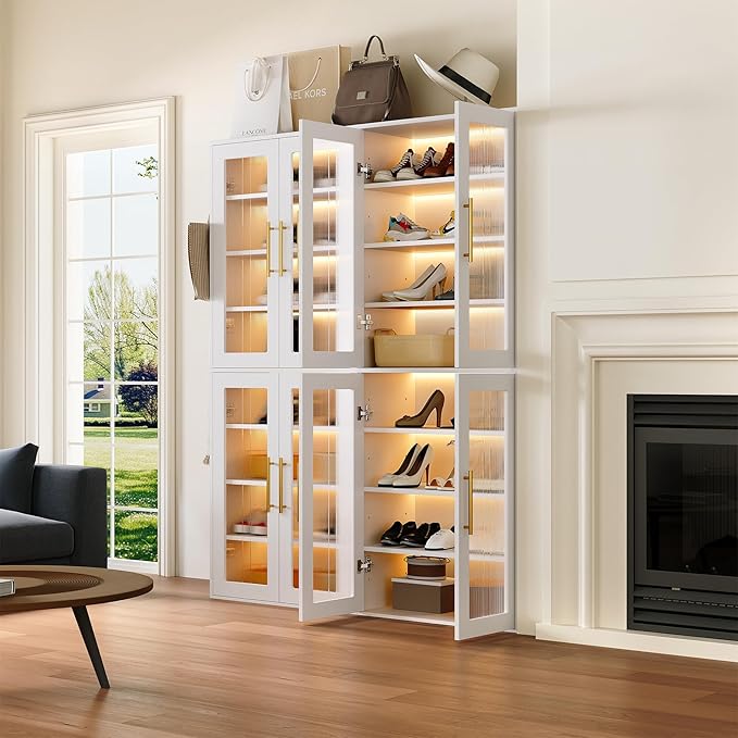 LITTLE TREE Stylish 8-Tier Vertical Shoe Rack with Built-in LED Lighting, Doors for Dust Protection, and Convenient External Hooks, Shoe Cabinet for Entryway, Living Room, Bedroom, White