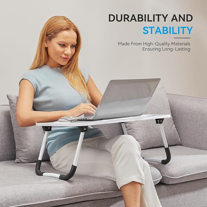 BUYIFY Folding Lap Desk, 23 Inch Portable Wood Grey Laptop Bed Desk Lap Desk with Cup Holder, for Working Reading Writing, Eating, Watching Movies for Bed Sofa Couch Floor