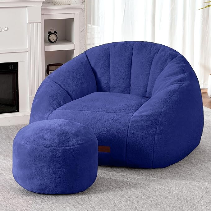 HABUTWAY Bean Bag Chair, Giant Bean Bag Chairs for Adults with Ottoman, Comfy Faux Fur Shell-Shaped Bean Bag Couch, Sofa Chair for Living Room, Bedroom, Navy Blue